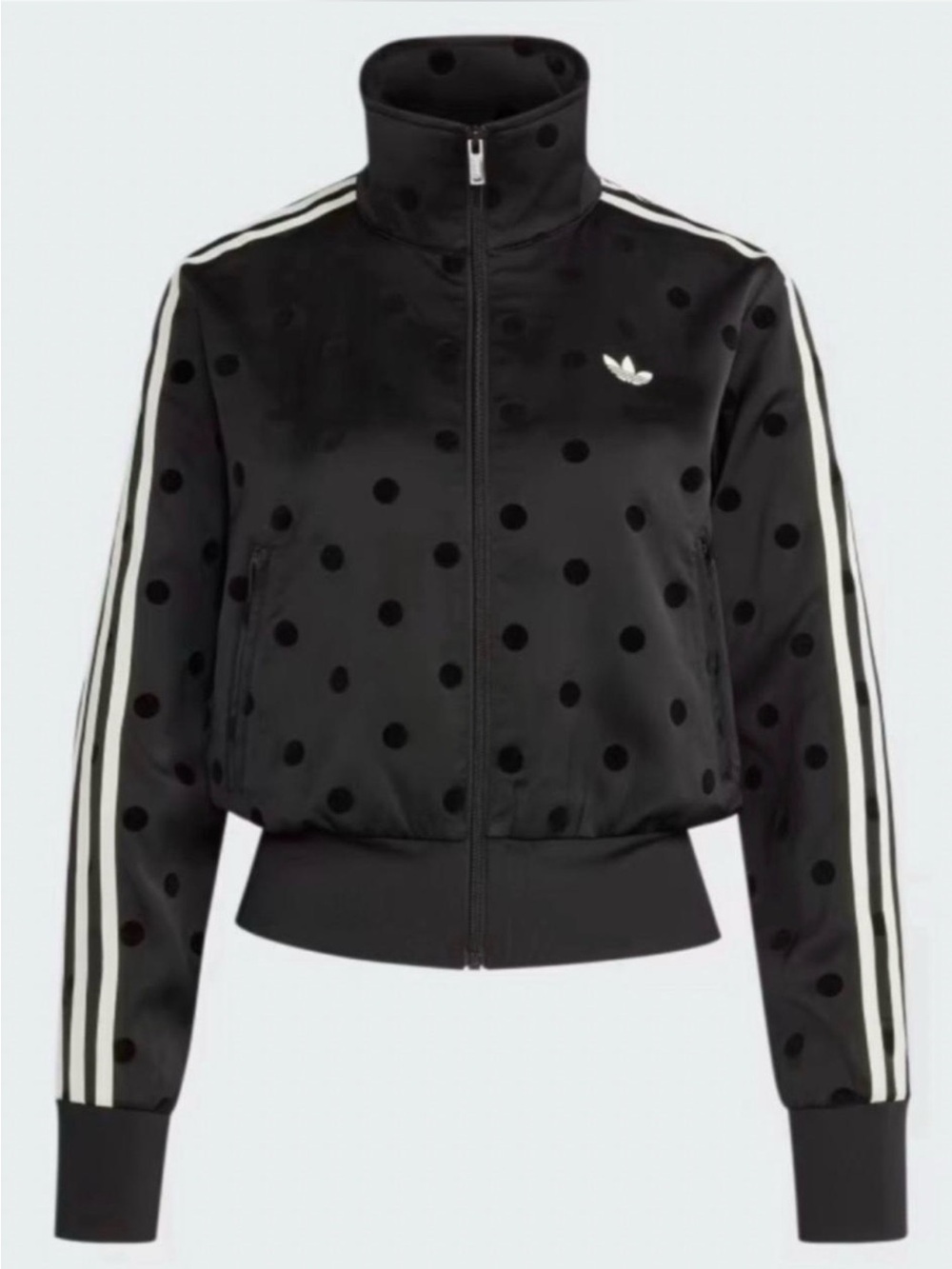 adidas Originals satin Black Polka Dot Bomber Jacket with White Stripes - Picture 1 of 3